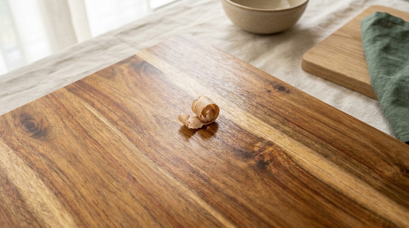 Close-up of solid acacia wood grain on the tray surface