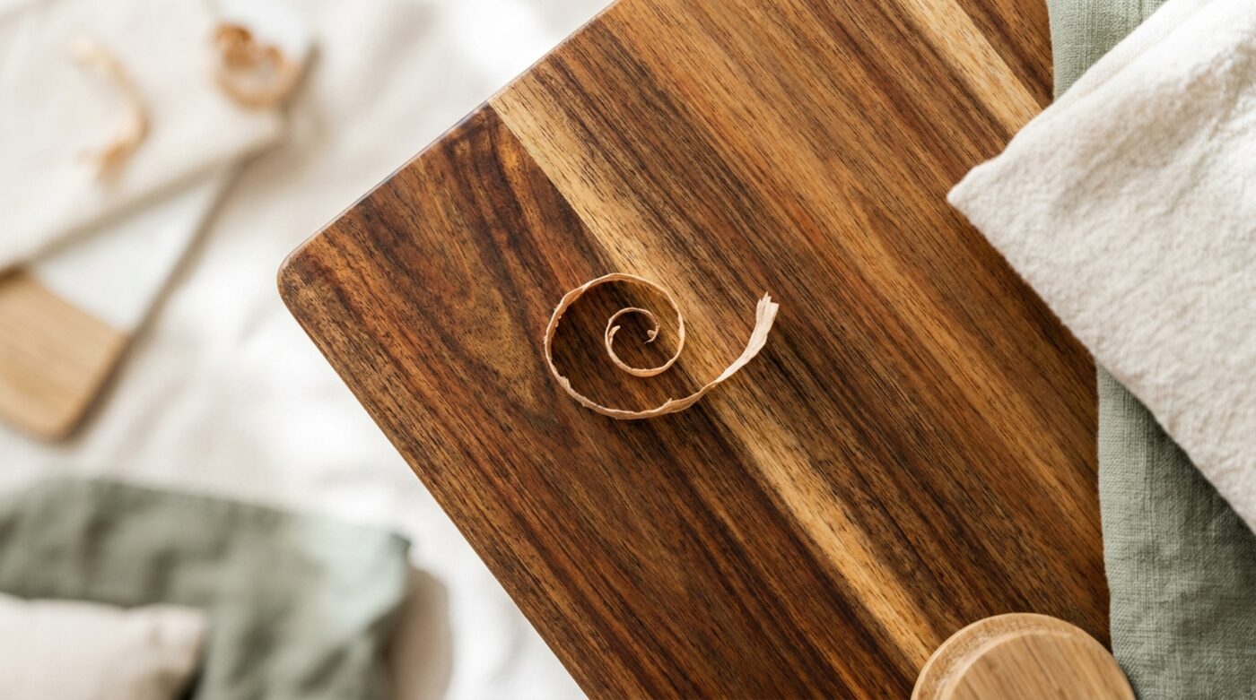 Wood shaving curl on the edge of a finished tray