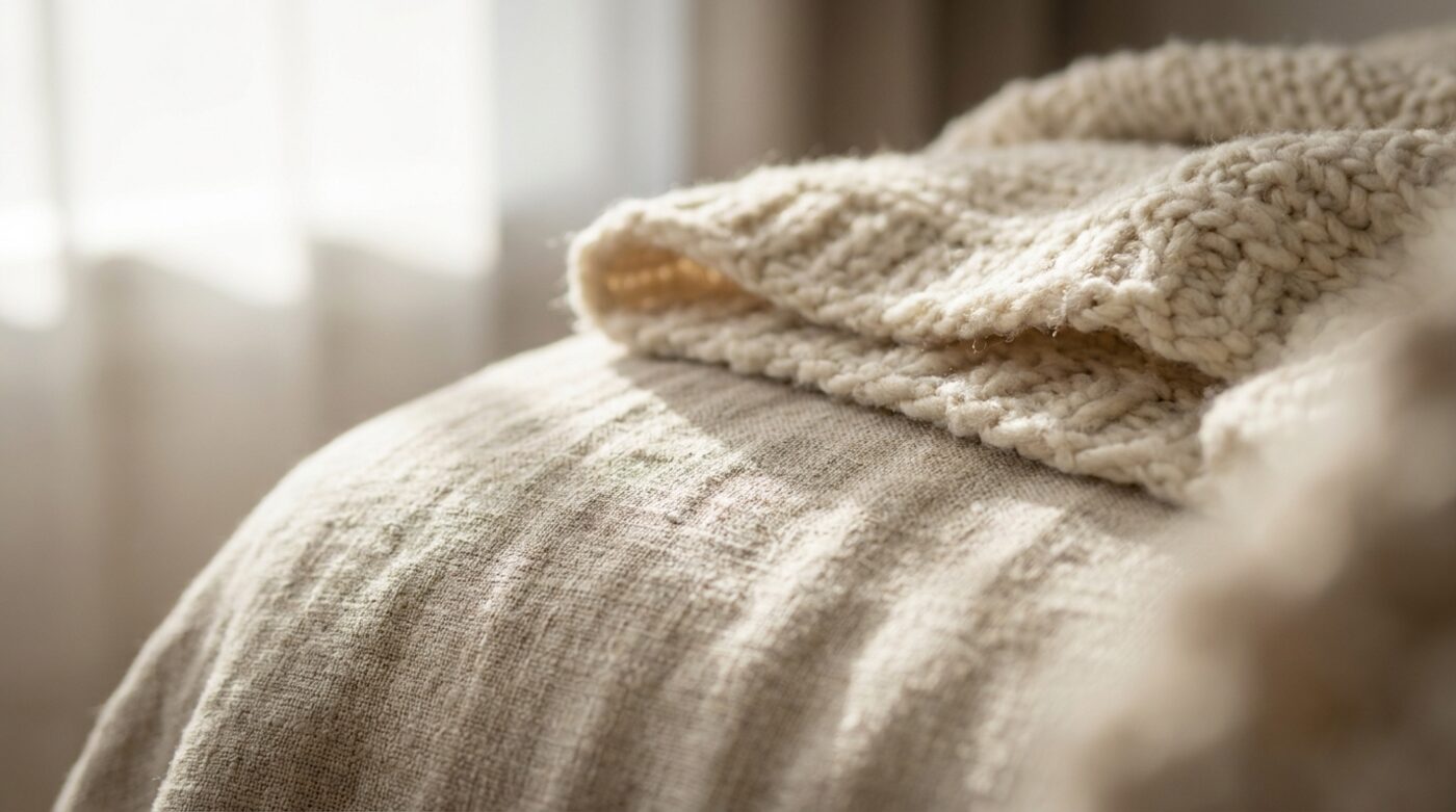 Oatmeal linen sofa fabric with a knit throw